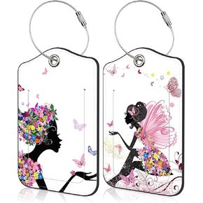 Set of 2 Luggage Tags for Suitcase Flower Fairy and Butterflies Leather Baggage Tags Set with Stainless Steel Loop Name Address Labels Privacy Cover for Men Women Travel Bag Suitcase