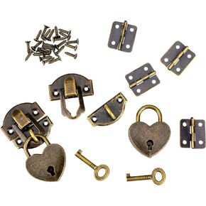 2 Set Antique Bronze Hasp Latch 27 X 30 mm Hasp Latch Mini Box Hinges and Love Locks with Keys Decorative Lock Buckle with Screws for Jewelry Wooden Box and DIY Crafts
