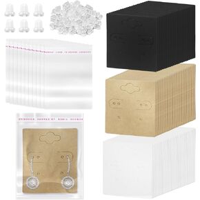 Keadic 550Pcs 2" x 2" Earring Display Holder Cards with Earring Backs and Jewelry Package Bags, Kraft/White/Black Blank Paper Hanging Card with 6 Holes Fit 3 Pairs for Selling Handmade Earring
