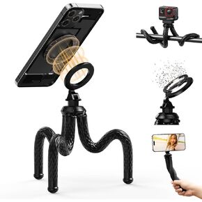 TELESIN° Magnetic Flexible Phone Tripod, Mini Tripod Stand for Magsafe Phones, Bendable Stroller Treadmill Tube Bike Motorcycle Phone Holder Selfie Stick for Video Recording for iPhone Android Phones
