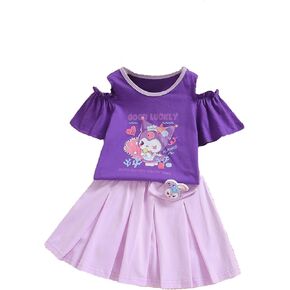 مجموعة تنورة فتاة KwahKwah من Hellokitty فستان كارتوني كاجوال صيفي مطوي تنورة + تي شيرت وردي أرجواني فستان طالب للأطفال in Kuwait