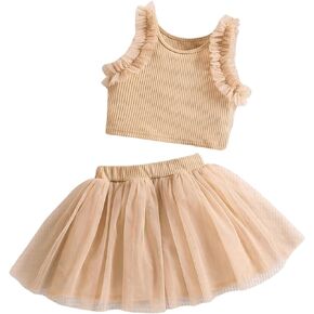 SHENHE Girl's 2 Piece Outfits Frill Trim Ribbed Knit Crewneck Tank Top and Tulle Skirt Set