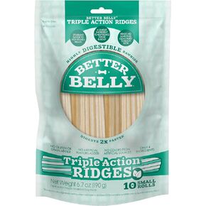 لفات صغيرة من Better Belly Triple Action Ridges، 10 قطع، جلد خام عالي الهضم للكلاب