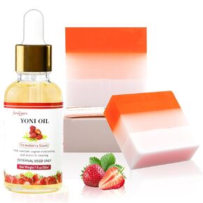 2 Yoni Soap Bar & Oil Set, Organic Feminine Wash For Women Ph Balance, Strawberry Candy Body Oil Handmade Yoni Soap Bars for Intimate Moisturizing, Hygiene, Natural Yoni Wash Set