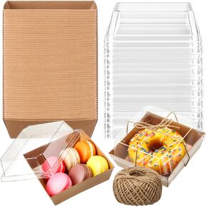 Ctosree 100 Pcs Paper Charcuterie Boxes with Clear Lids 4.5 Inches Disposable Cake Boxes Square Dessert Container Bakery Boxes with Rope for Food Cake Slice Cookie Sandwich Dessert (Brown)