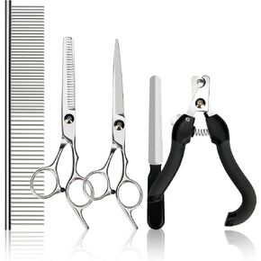 Hansprou 5 in 1 Stainless Steel Dog Scissors Grooming kit, Pet Grooming Scissor with Grooming Comb, Nail Clippers, and Nail File for Dogs, Cats, and Other Animals in Kuwait