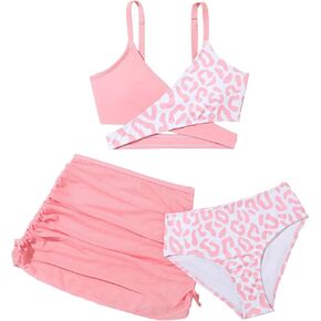 Milumia Girl's 3 Piece Swimsuits Leopard Print Wrap Bikini Bathing Suit with Coverup Skirt