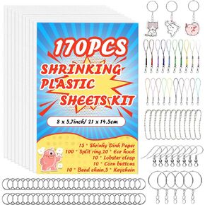 yyoemas 170 PCS Shrink Plastic Sheets Kit,Shrink Art Paper with 15 Sheets Shrink Sheets,Ear Hook,Bead Chain,Corn Buttons,Lobster Clasp,Split Ring and Keychains for Crafts Jewelry Making DIY,21x29cm