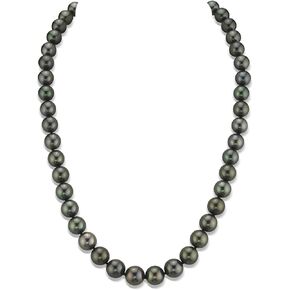 The Pearl Source 14K Gold 8-10mm Round Genuine Black Tahitian South Sea Cultured Pearl Necklace for Women
