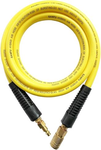 خرطوم هواء SANFU Hybrid PVC/Rubber مقاس 3/8 بوصة معرف × 6 أقدام، متين 300 رطل لكل بوصة مربعة، خفيف الوزن، مع وصلة توصيل نحاسية صناعية سريعة 1/4 بوصة، مقيدات الانحناء، أصفر in Kuwait