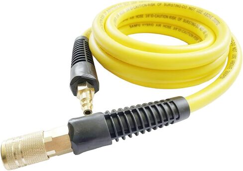 خرطوم هواء SANFU Hybrid PVC/Rubber مقاس 3/8 بوصة معرف × 6 أقدام، متين 300 رطل لكل بوصة مربعة، خفيف الوزن، مع وصلة توصيل نحاسية صناعية سريعة 1/4 بوصة، مقيدات الانحناء، أصفر in Kuwait