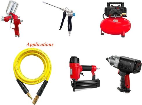 خرطوم هواء SANFU Hybrid PVC/Rubber مقاس 3/8 بوصة معرف × 6 أقدام، متين 300 رطل لكل بوصة مربعة، خفيف الوزن، مع وصلة توصيل نحاسية صناعية سريعة 1/4 بوصة، مقيدات الانحناء، أصفر in Kuwait