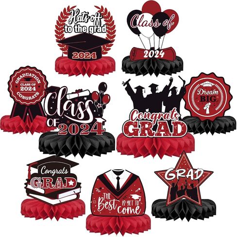 MGahyi 9PCS Graduation Party Decorations Class of 2024 Congrats Grad Table Centerpiece Congratulate Graduation Honeycomb Table Toppers for Graduation Party Supplies(Red-Black） in Saudi Arabia