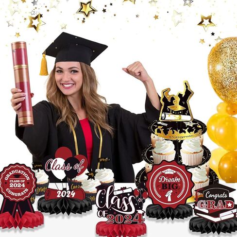 MGahyi 9PCS Graduation Party Decorations Class of 2024 Congrats Grad Table Centerpiece Congratulate Graduation Honeycomb Table Toppers for Graduation Party Supplies(Red-Black） in Saudi Arabia