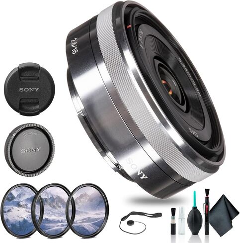 Sony E 16mm f/2.8 Lens Silver SEL16F28, Filter Kit, Cap Keeper, Cleaning Kit, and More in Saudi Arabia
