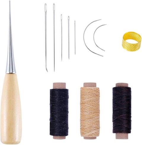 RuiLing 12-Pack Leathercraft Repair Tools Set Needles(7pcs), Waxed Threads (3 Rolls), Awl (1pcs), Thimble(1pcs) DIY Handmade Sewing Leather Crafts Handwork Stitching Accessories in Saudi Arabia