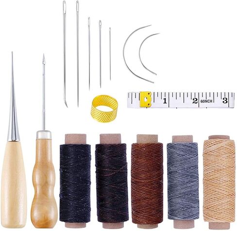 RuiLing 12-Pack Leathercraft Repair Tools Set Needles(7pcs), Waxed Threads (3 Rolls), Awl (1pcs), Thimble(1pcs) DIY Handmade Sewing Leather Crafts Handwork Stitching Accessories in Saudi Arabia
