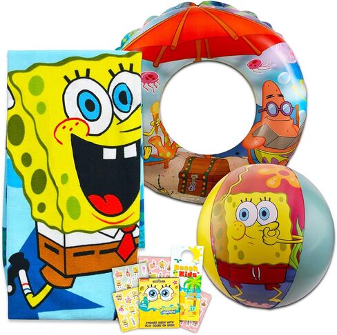 Spongebob Beach Toys for Kids 5-7 - Spongebob Pool Toys Bundle with Spongebob Towel, Beach Ball, Swimg Ring, Stickers, More | Spongebob Pool Toys for Kids in Saudi Arabia