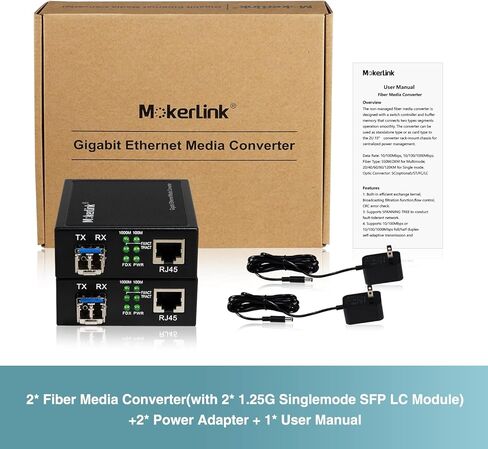 MokerLink Gigabit SFP to RJ45 Converter, A Pair 2 Pack Single-Mode Fiber to Ethernet Media Converter, 10/100/1000Mbps RJ45 Port, 1000Base-LX SFP Module 1310nm up to 20KM in Kuwait