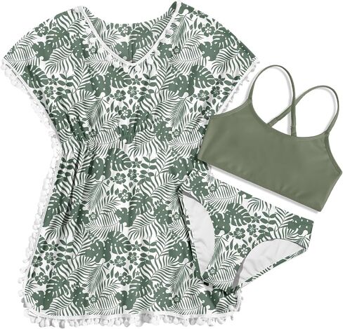 Goodstoworld Girls Hawaiian Swimsuits Palm Leaf Bathing Suit 9-10 Teens Bikini Sets 3 Piece Beach Outfits Green Floral Swim Wear Coveup Pom Pom Trim Size 9-10 in Saudi Arabia