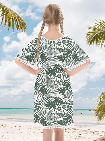 Goodstoworld Girls Hawaiian Swimsuits Palm Leaf Bathing Suit 9-10 Teens Bikini Sets 3 Piece Beach Outfits Green Floral Swim Wear Coveup Pom Pom Trim Size 9-10 in Saudi Arabia