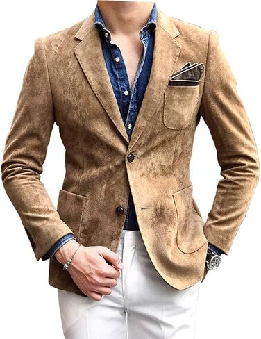 Mens Blazer Suede Jacket Casual 2 Buttons Sport Coat Faux Leather Suit Slim Fit in Saudi Arabia