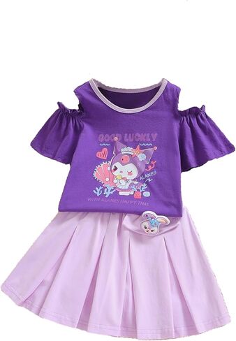 مجموعة تنورة فتاة KwahKwah من Hellokitty فستان كارتوني كاجوال صيفي مطوي تنورة + تي شيرت وردي أرجواني فستان طالب للأطفال in Kuwait