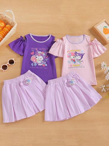 KwahKwah Girl Skirt Set Hellokitty Cartoon Dress Casual Summer Pleated Skirt+T Shirt Pink Purple Student Kid Dress in Saudi Arabia