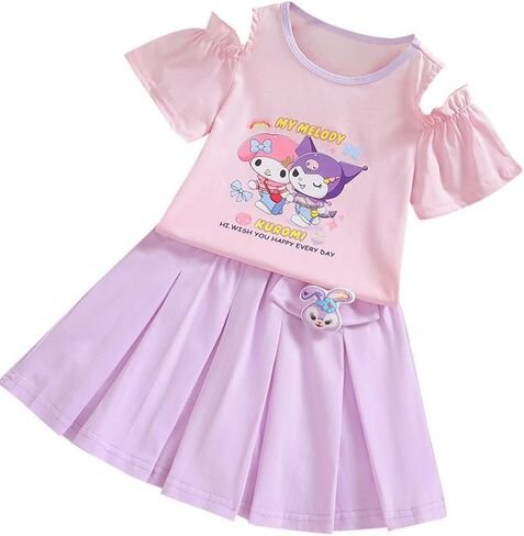 KwahKwah Girl Skirt Set Hellokitty Cartoon Dress Casual Summer Pleated Skirt+T Shirt Pink Purple Student Kid Dress in Saudi Arabia
