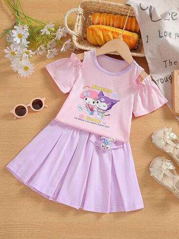 KwahKwah Girl Skirt Set Hellokitty Cartoon Dress Casual Summer Pleated Skirt+T Shirt Pink Purple Student Kid Dress in Saudi Arabia