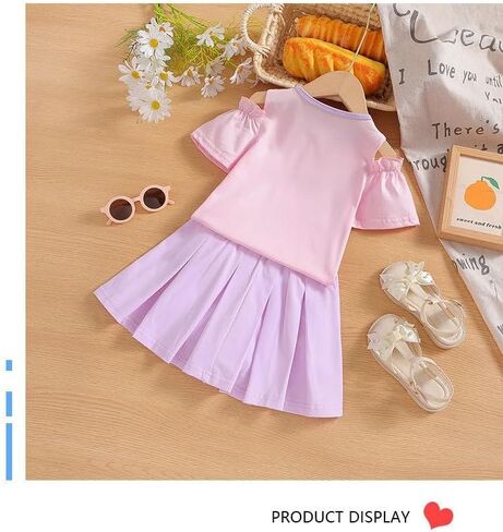 KwahKwah Girl Skirt Set Hellokitty Cartoon Dress Casual Summer Pleated Skirt+T Shirt Pink Purple Student Kid Dress in Saudi Arabia