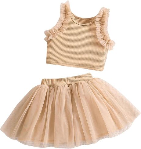 SHENHE Girl's 2 Piece Outfits Frill Trim Ribbed Knit Crewneck Tank Top and Tulle Skirt Set in Saudi Arabia