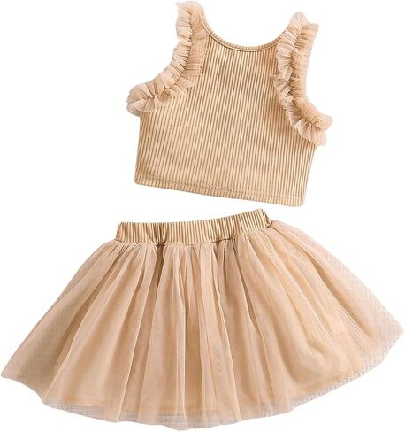 SHENHE Girl's 2 Piece Outfits Frill Trim Ribbed Knit Crewneck Tank Top and Tulle Skirt Set in Saudi Arabia