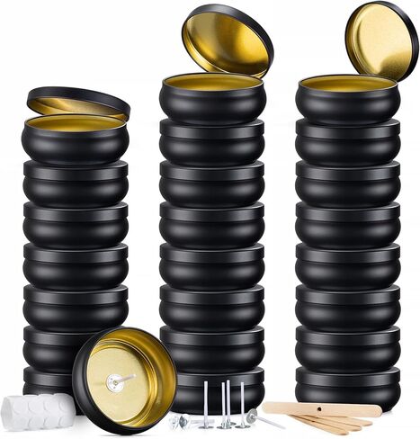 opeshar ترقية 24 قطعة 4oz علب الشموع ذات العيار الكبير باللون الأسود غير اللامع، برطمانات الشموع الفارغة، حاوية مستديرة مع أغطية، تتضمن فتائل مقطوعة مسبقًا، ملصقات فتائل، حامل فتائل لصنع الشموع بنفسك in Kuwait