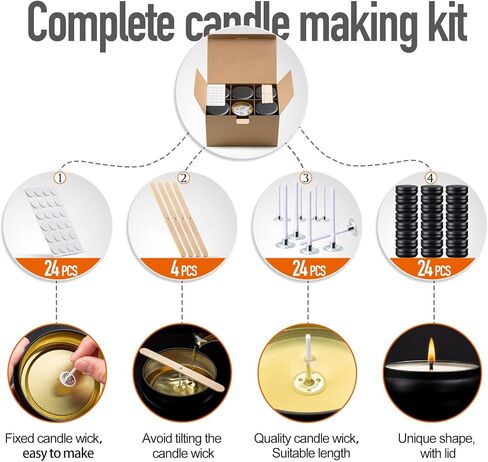 opeshar ترقية 24 قطعة 4oz علب الشموع ذات العيار الكبير باللون الأسود غير اللامع، برطمانات الشموع الفارغة، حاوية مستديرة مع أغطية، تتضمن فتائل مقطوعة مسبقًا، ملصقات فتائل، حامل فتائل لصنع الشموع بنفسك in Kuwait
