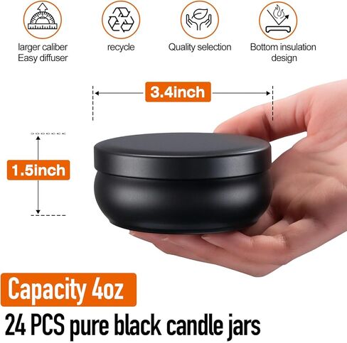 opeshar ترقية 24 قطعة 4oz علب الشموع ذات العيار الكبير باللون الأسود غير اللامع، برطمانات الشموع الفارغة، حاوية مستديرة مع أغطية، تتضمن فتائل مقطوعة مسبقًا، ملصقات فتائل، حامل فتائل لصنع الشموع بنفسك in Kuwait