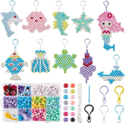 ORIGACH 10set Ocean Theme Bead Pets Keychain, 700Pcs Pony Beads Multicolor Bead Pets Kit with Keychains, Needles, Elastic String and Storage Box for Kids Beginners with Instruction in Saudi Arabia
