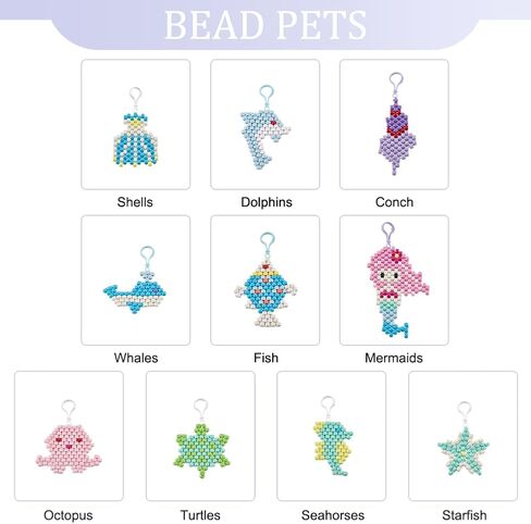ORIGACH 10set Ocean Theme Bead Pets Keychain, 700Pcs Pony Beads Multicolor Bead Pets Kit with Keychains, Needles, Elastic String and Storage Box for Kids Beginners with Instruction in Saudi Arabia
