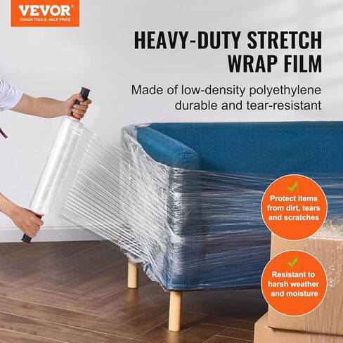 VEVOR Stretch Film, 15 inches x 1000 feet, 1 Pack, 60 Gauge Industrial Strength Clear Durable Stretch Wrap Roll, Heavy Duty Shrink Film Stretch Wrap with Handles for Pallet Wrapping Shipping Moving in Saudi Arabia