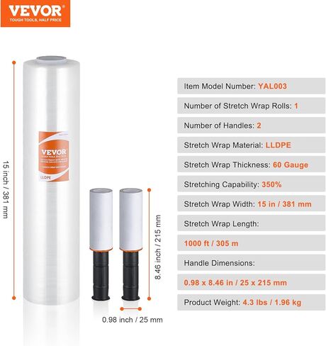 VEVOR Stretch Film, 15 inches x 1000 feet, 1 Pack, 60 Gauge Industrial Strength Clear Durable Stretch Wrap Roll, Heavy Duty Shrink Film Stretch Wrap with Handles for Pallet Wrapping Shipping Moving in Saudi Arabia