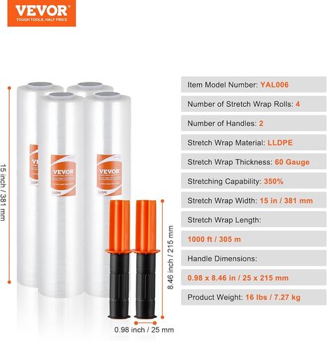 VEVOR Stretch Film, 15 inches x 1000 feet, 1 Pack, 60 Gauge Industrial Strength Clear Durable Stretch Wrap Roll, Heavy Duty Shrink Film Stretch Wrap with Handles for Pallet Wrapping Shipping Moving in Saudi Arabia