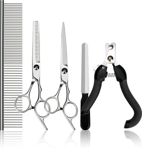 Hansprou 5 in 1 Stainless Steel Dog Scissors Grooming kit, Pet Grooming Scissor with Grooming Comb, Nail Clippers, and Nail File for Dogs, Cats, and Other Animals in Kuwait