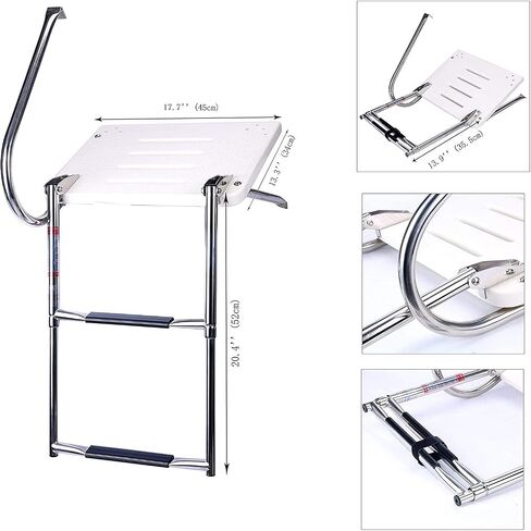 Amarine Made 2 Step in-Board Outboard Transom Platform Telescoping Boat Ladder Stainless Steel with Fiberglass Swim Platform for Swimming Pool Pontoon Dock Collapsible Step Ladder with 1 Handrail in Saudi Arabia