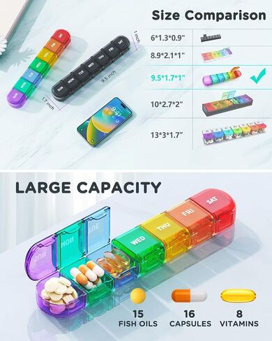 Pill Organizer, Pill Box, Large Daily Pill Organizer, 7 Day Travel Pill Case, Weekly Detachable Pill Container Holder One Time A Day, Medicine Organizer for Big Vitamin Supplements Fish Oil, Rainbow in Saudi Arabia