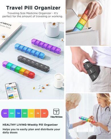 Pill Organizer, Pill Box, Large Daily Pill Organizer, 7 Day Travel Pill Case, Weekly Detachable Pill Container Holder One Time A Day, Medicine Organizer for Big Vitamin Supplements Fish Oil, Rainbow in Saudi Arabia
