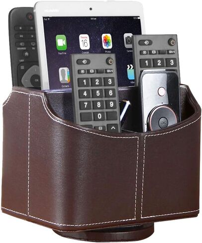 YAPISHI Leather Remote Control Holder, 360 Degree Spinning Desk TV Remote Caddy/Box, Coffee Table Organizer for Controller, Media, Calculator, Mobile Phone and Pencil Storage in Saudi Arabia