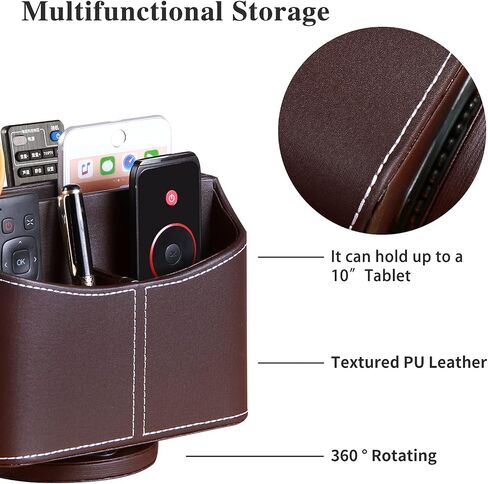 YAPISHI Leather Remote Control Holder, 360 Degree Spinning Desk TV Remote Caddy/Box, Coffee Table Organizer for Controller, Media, Calculator, Mobile Phone and Pencil Storage in Saudi Arabia