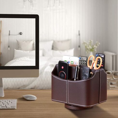 YAPISHI Leather Remote Control Holder, 360 Degree Spinning Desk TV Remote Caddy/Box, Coffee Table Organizer for Controller, Media, Calculator, Mobile Phone and Pencil Storage in Saudi Arabia