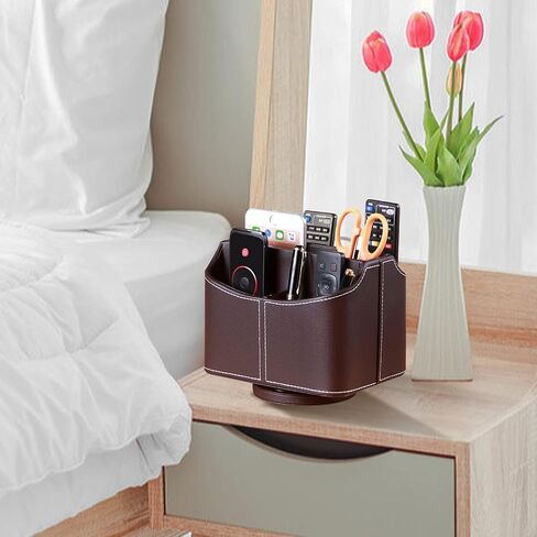 YAPISHI Leather Remote Control Holder, 360 Degree Spinning Desk TV Remote Caddy/Box, Coffee Table Organizer for Controller, Media, Calculator, Mobile Phone and Pencil Storage in Saudi Arabia