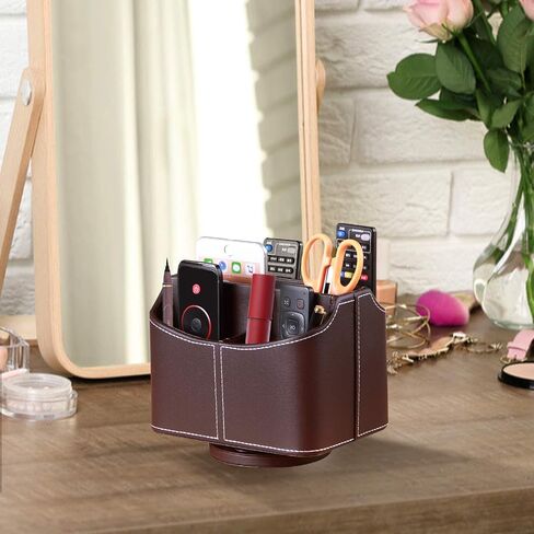 YAPISHI Leather Remote Control Holder, 360 Degree Spinning Desk TV Remote Caddy/Box, Coffee Table Organizer for Controller, Media, Calculator, Mobile Phone and Pencil Storage in Saudi Arabia